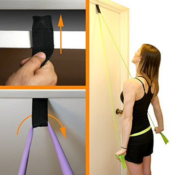 SportGYM Fitness Stretch Band 6pc Portable Exercise Set with 4X 100% Natural Latex Flat 48 x 2.5in Elastic Fitness Bands, Door Anchor + Carrying Case